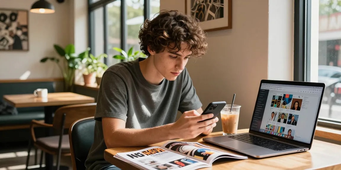 Young adult exploring NSFW content while enjoying coffee in a cozy café.