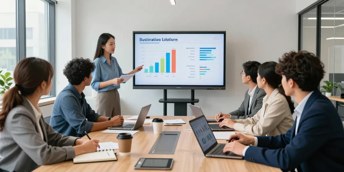 Collaborative business environment discussing bolt ons and telecom solutions with professionals around a conference table.