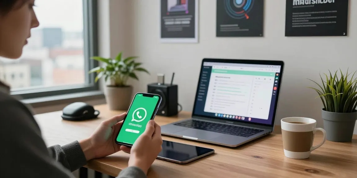WhatsApp下載 on a smartphone in a modern workspace with tech gadgets.
