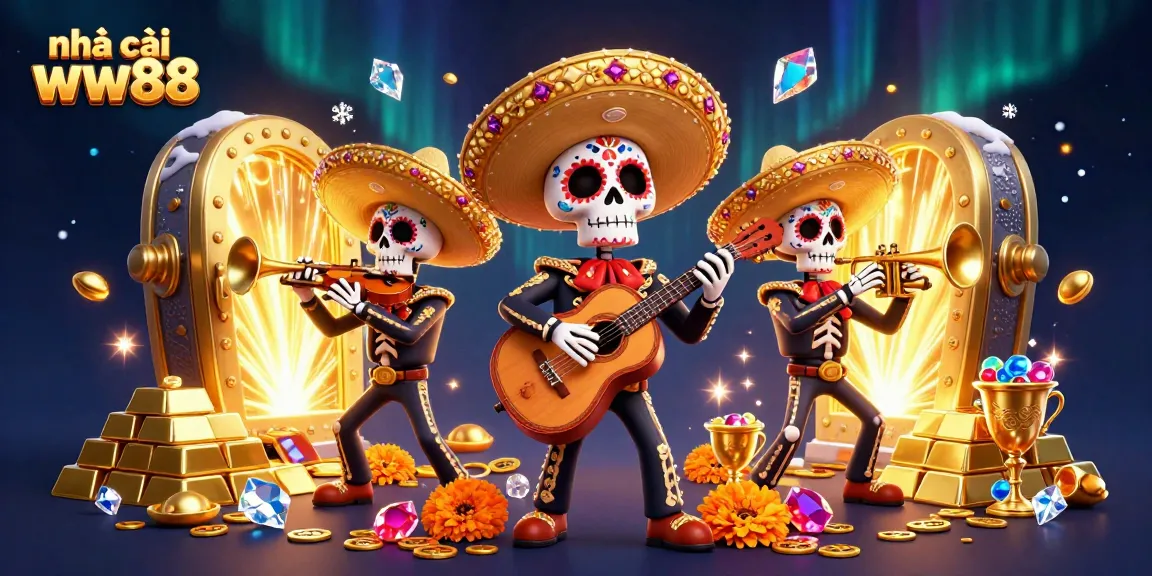 Engage with nhà cái ww88 in a vibrant 3D illustration featuring a lively mariachi band amid abundant treasures.