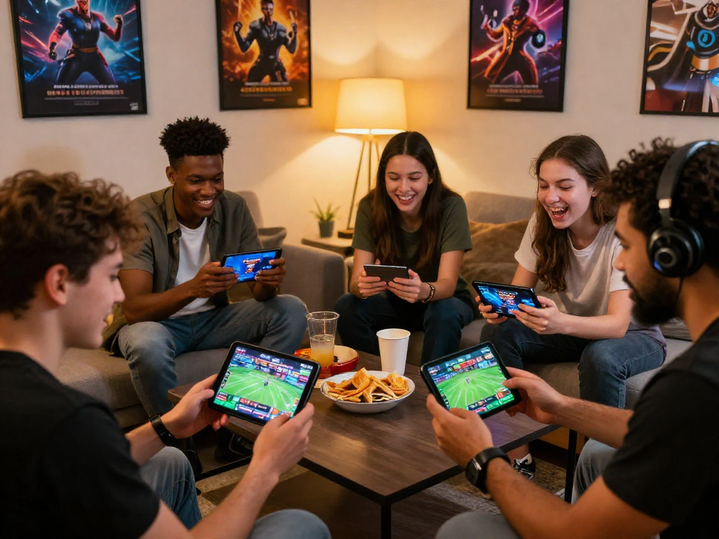 Group of friends enjoying online gaming with TK999 app in lively living room