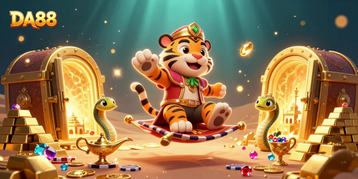 Engage with DA88's enchanting world of gambling, featuring a sultan and treasure in a rich 3D scene.