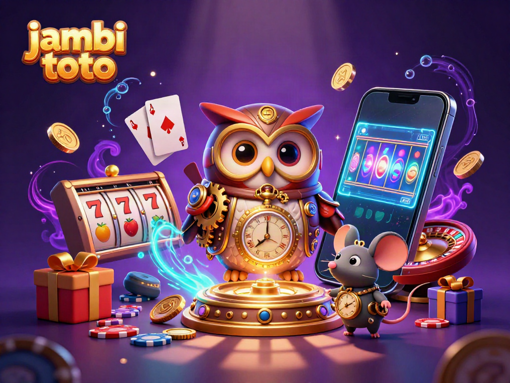 Experience the excitement of jambi toto with a dynamic scene featuring an owl and a mouse in a vibrant casino setting.