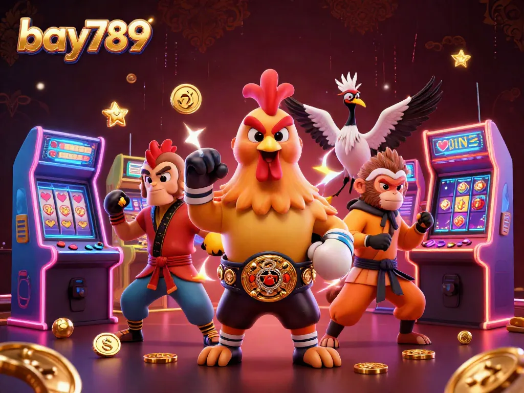 The dynamic bay789 gaming scene featuring a fierce Muay Thai rooster, monkey martial artist, and wise crane master amidst colorful casino elements.
