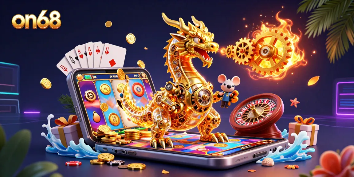 Engage in exciting gameplay at on68 with golden dragon and slot game elements in vibrant 3D illustration.
