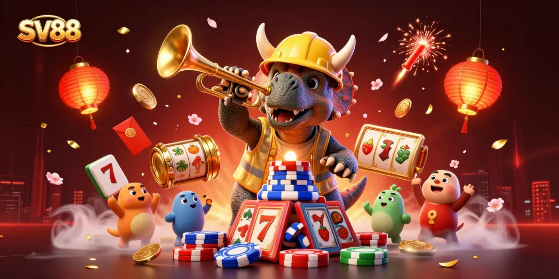 Experience the excitement of SV88 with a lively casino scene featuring playful characters and gaming elements.