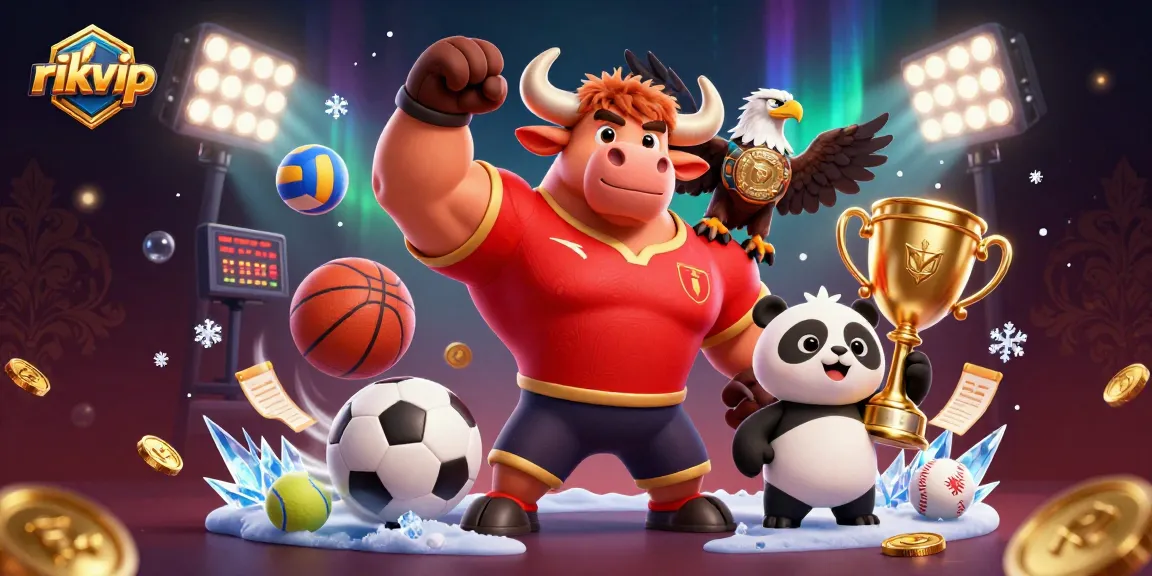 Experience thrilling gaming action at rikvip with a vibrant scene featuring mascots and dynamic sports elements.