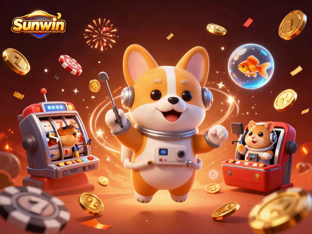 Experience the thrill of Sunwin casino with playful characters in a vibrant 3D scene.