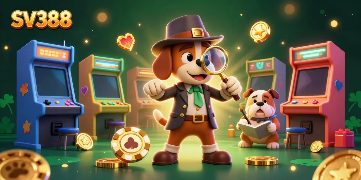 Engage in thrilling cockfighting action with SV388, featuring a detective dog discovering a poker chip clue in a colorful casino.