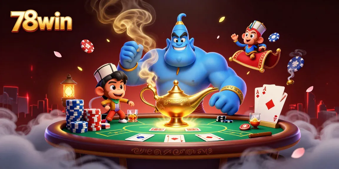 Engage with thrilling games at 78win, featuring vibrant casino elements like poker chips and cards in a magical casino setting.