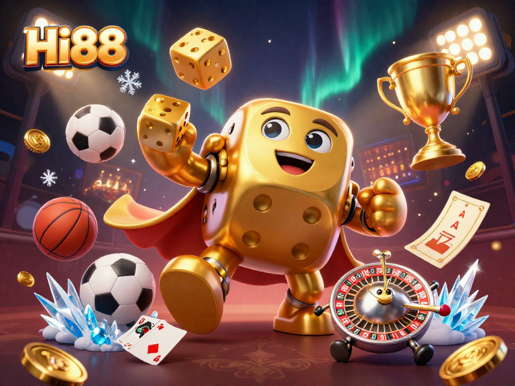 Experience Hi88's excitement with a dynamic 3D casino illustration showcasing vibrant gaming elements.