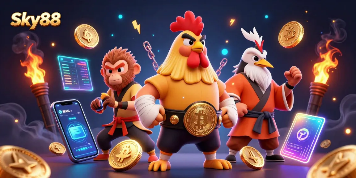 Bet on excitement with Sky88's illustrated scene featuring a fierce rooster champion, casino elements, and vibrant crypto details.