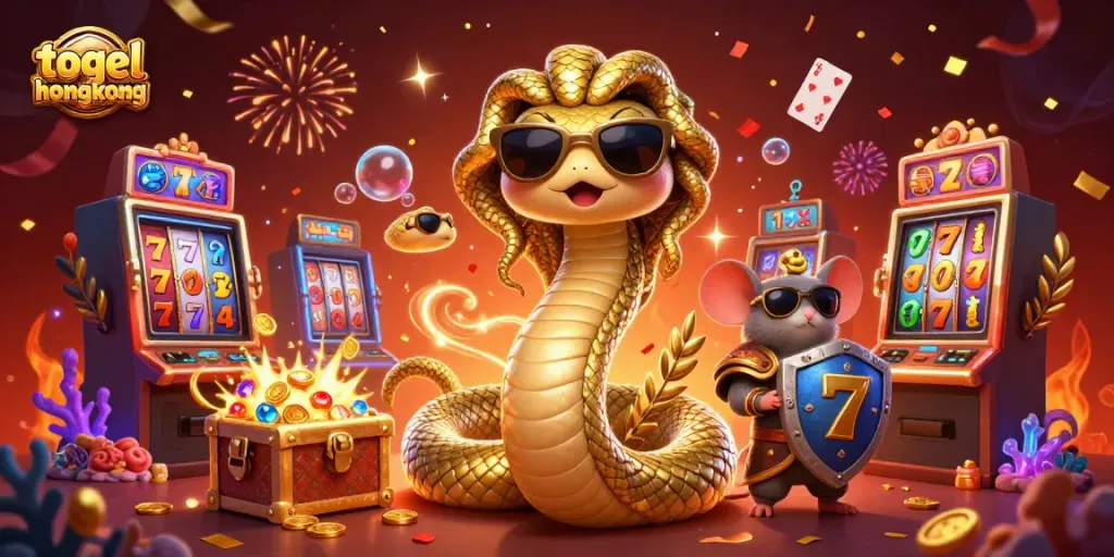 Play exciting togel hongkong with a vibrant 3D cartoon illustration of Medusa and a warrior mouse amidst casino elements.