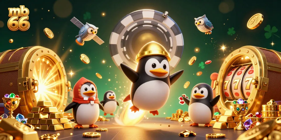 Engage in mb 66 casino gaming with a rocket-powered penguin amid golden treasures and vibrant lights.