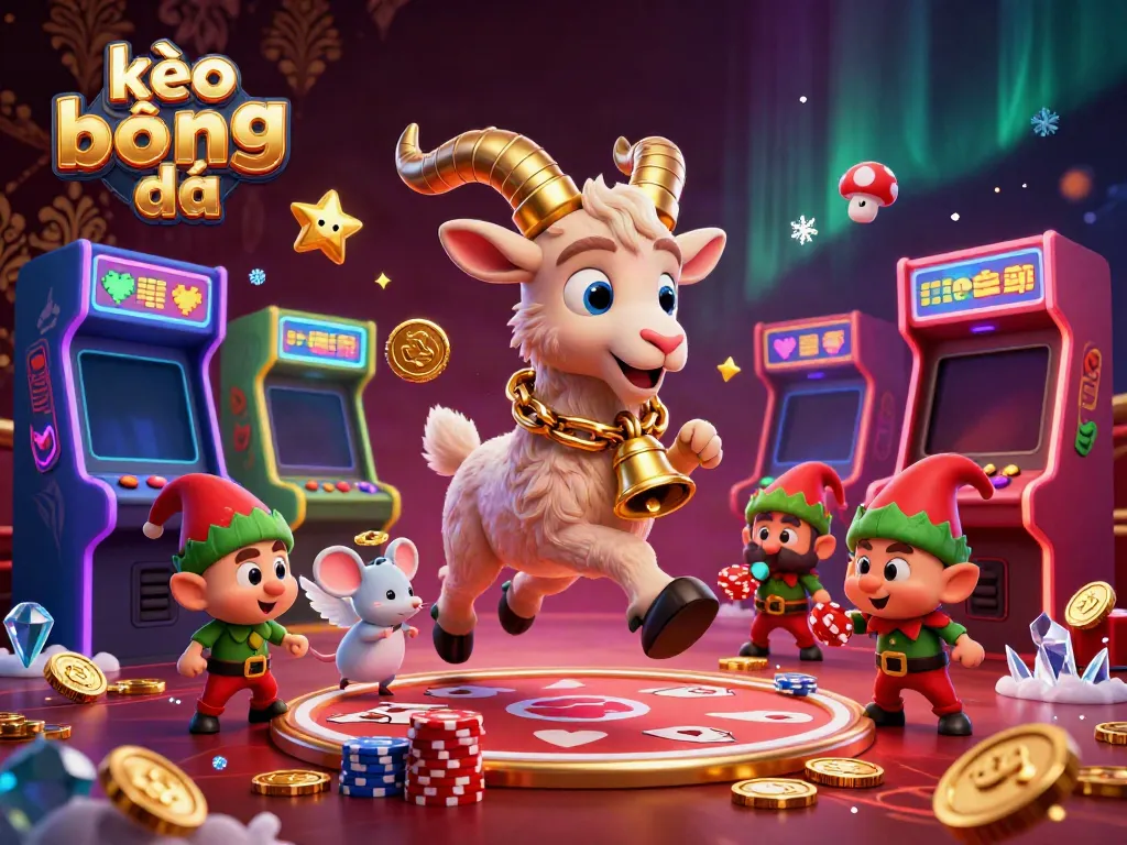 Engage with kèo bóng đá through a dynamic 3D casino scene featuring Krampus, an angel mouse, and elf gremlins.
