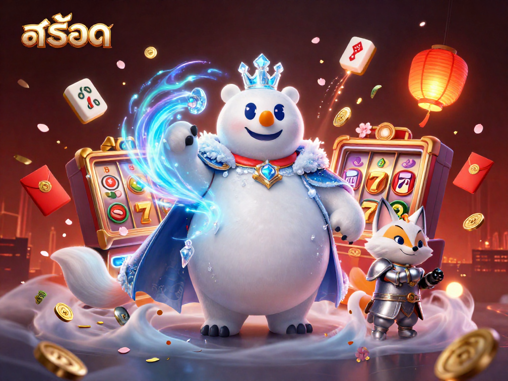 Experience slot excitement with a 3D ice king polar bear and dynamic casino elements in vibrant colors.