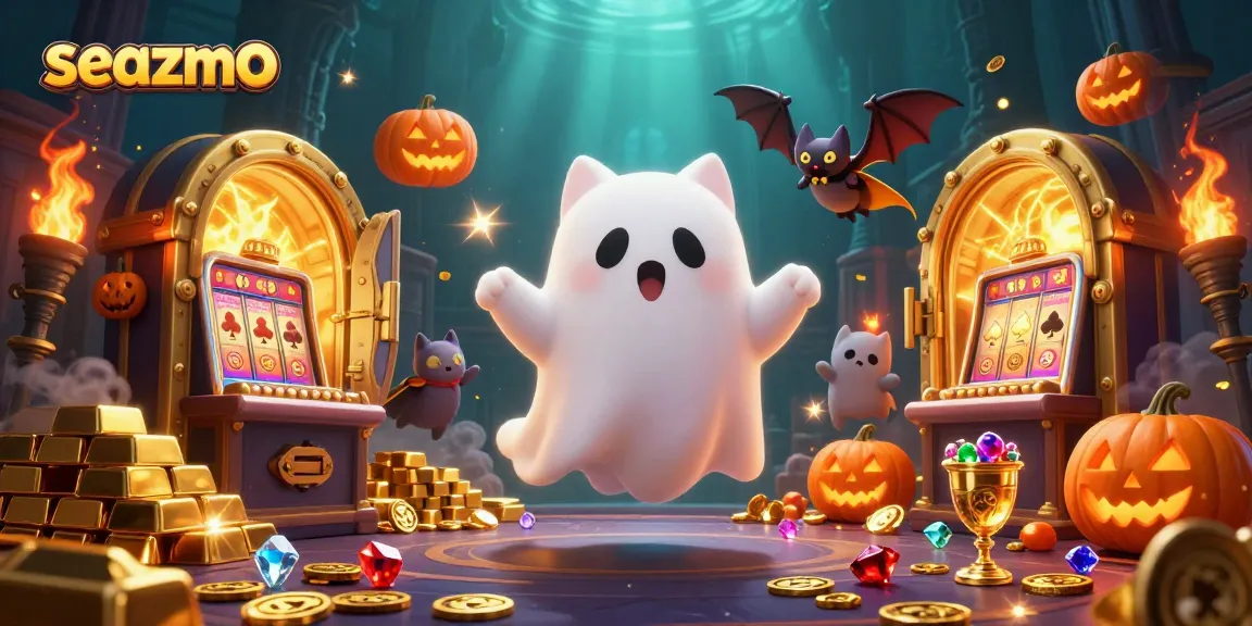 Engage with seazmo's casino world featuring glowing jack-o-lanterns and treasure vaults.