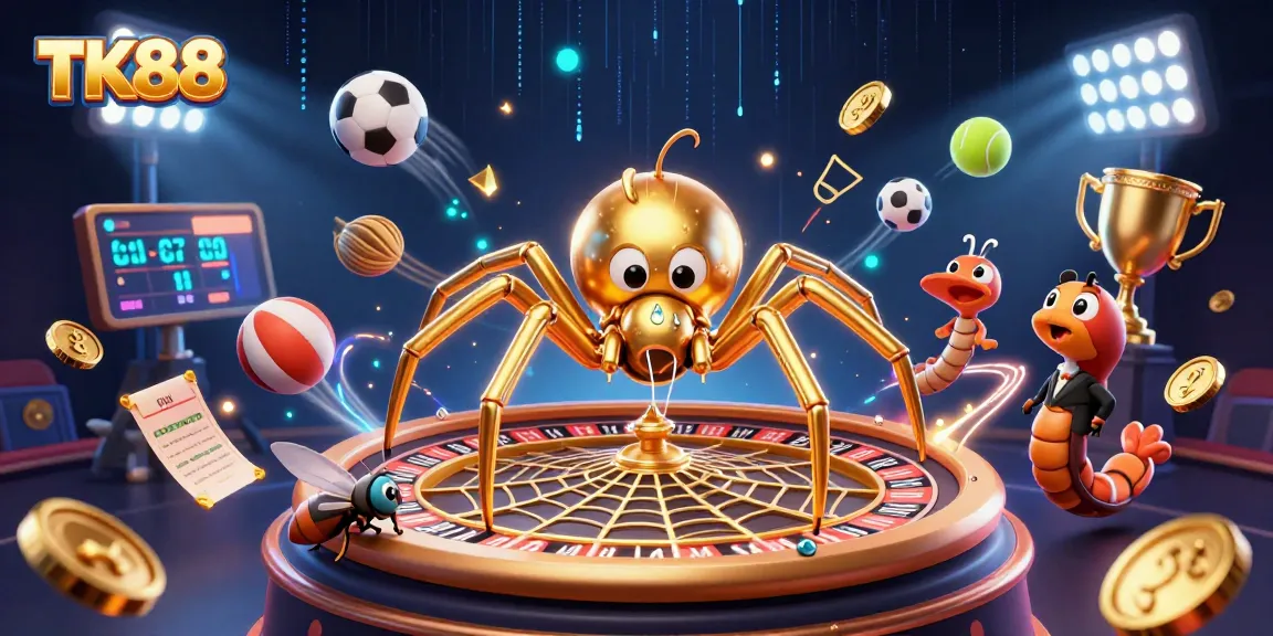Experience thrilling bets at TK88 with a roulette-shaped web spun by a golden spider in an engaging 3D casino scene.