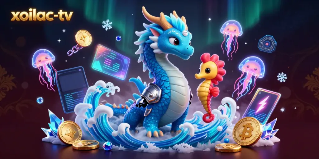 Engage with the thrilling atmosphere of xoilac-tv as a dragon and seahorse knight celebrate crypto bets in a vibrant casino!