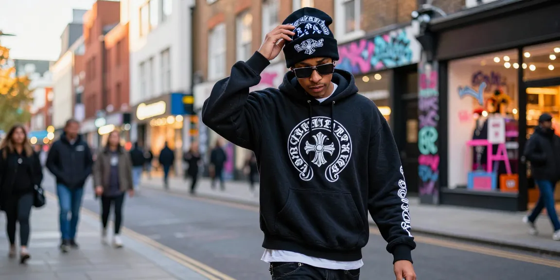 Fashionable individual in a Chrome Hearts hoodie and accessories against a vibrant London street backdrop.
