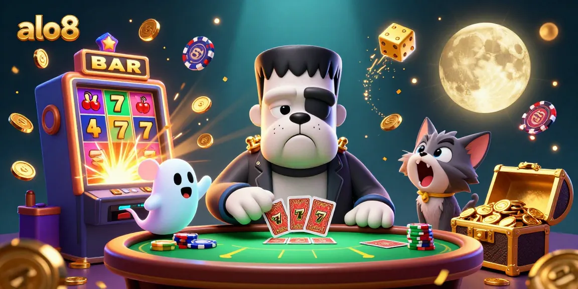 Experience exciting gaming at ALO8 with a spooky casino scene featuring vibrant characters and dynamic elements.
