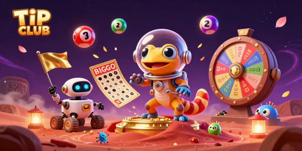 Engage with TIP CLUB in a vibrant alien casino illustration filled with lottery excitement.