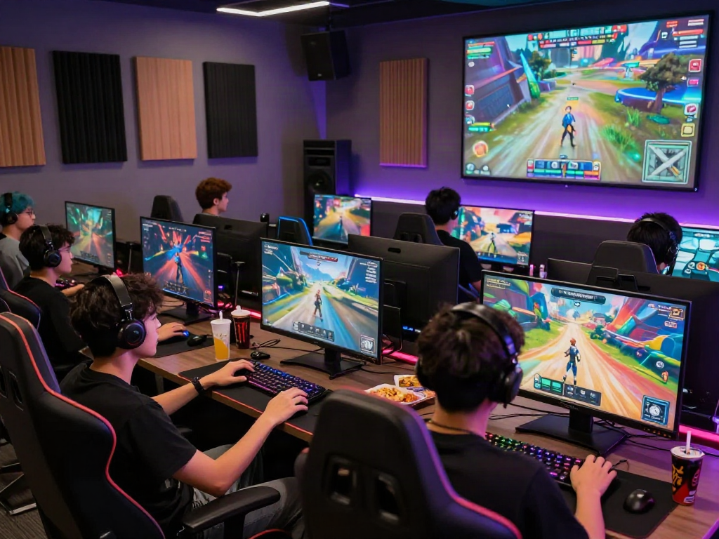 Gamers engaging with porngame on futuristic devices in a lively gaming lounge.