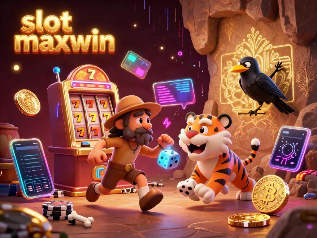 Experience slot maxwin with a lively 3D casino scene featuring cavemen, slot reels, and neon crypto elements.