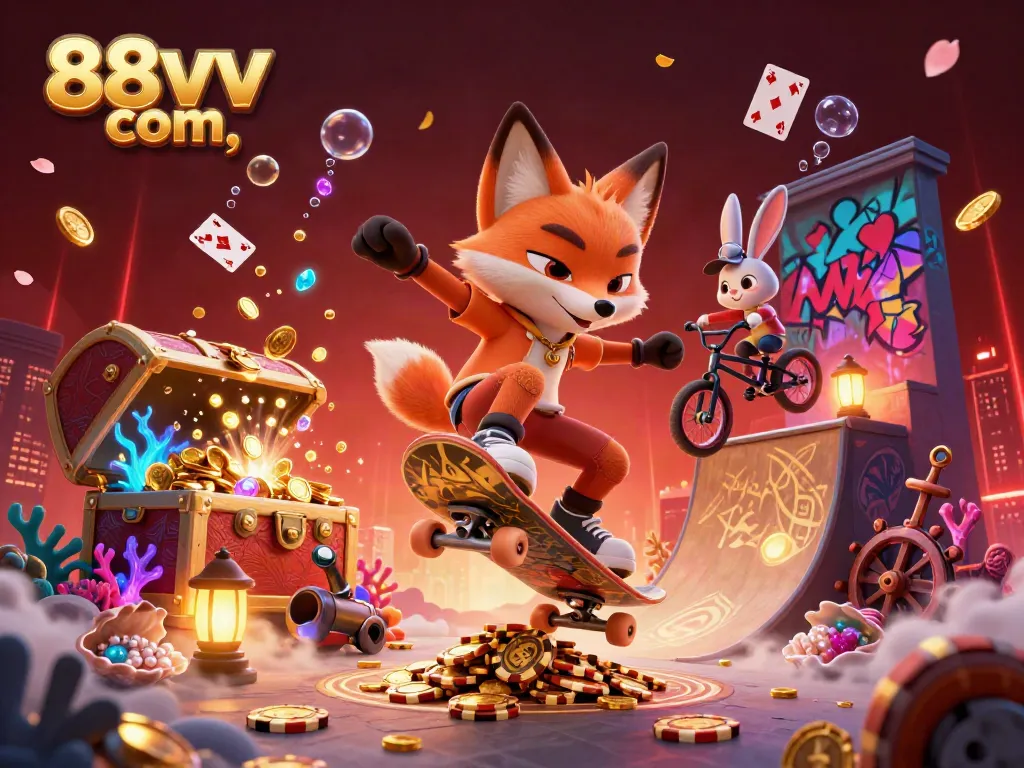 Engage with bright 88vv com casino fun featuring a skateboard fox and BMX rabbit amidst vibrant gaming icons.
