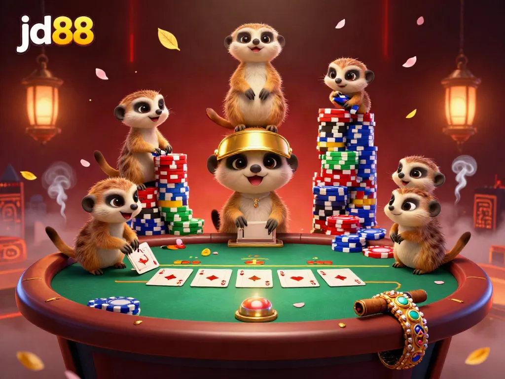 Engage in thrilling casino action with jd88 as meerkats run colorful poker games in a vibrant environment.