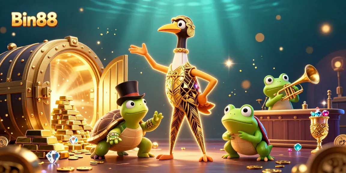 Engage with the excitement of Bin88, a vibrant casino scene with playful characters and sparkling treasures.