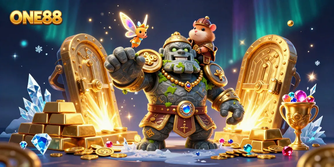 ONE88's immersive 3D gaming adventure with a golem guardian and magical elements evokes excitement.