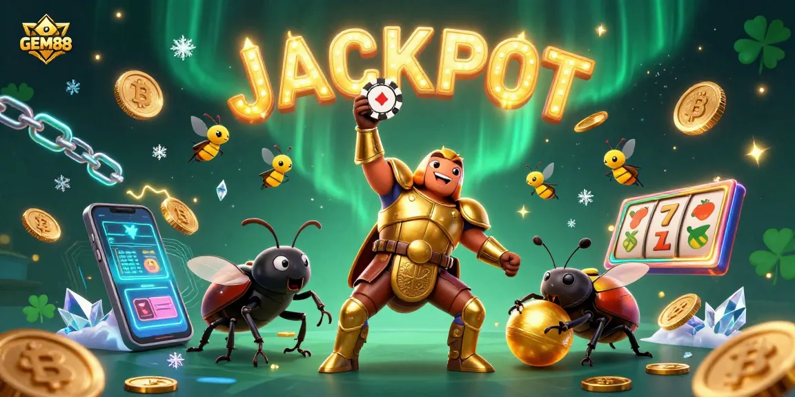 Experience the jackpot excitement at GEM88 with a dynamic 3D casino scene blending beetle characters, cryptocurrencies, and vibrant slot features.