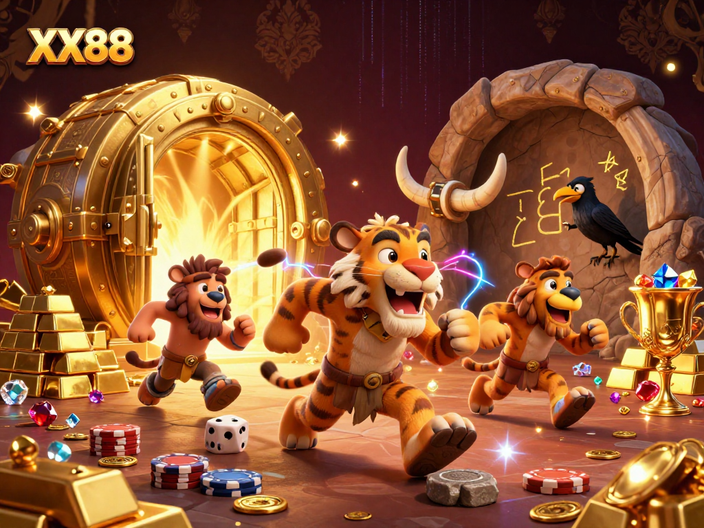 Experience the excitement of XX88 with cartoon characters enjoying a prehistoric casino adventure.