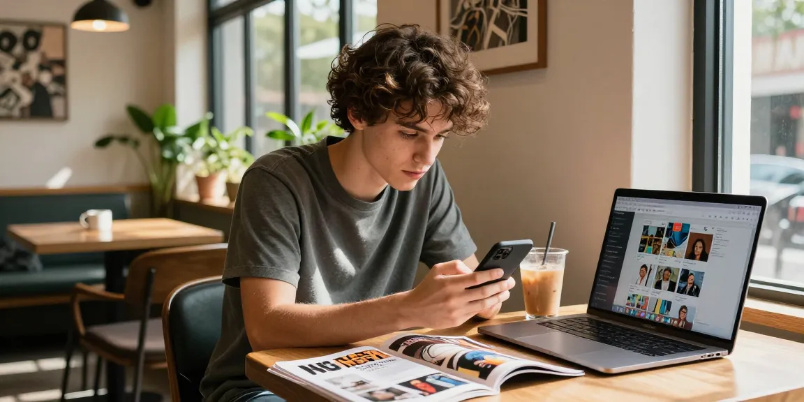 Young adult exploring NSFW content while enjoying coffee in a cozy café.