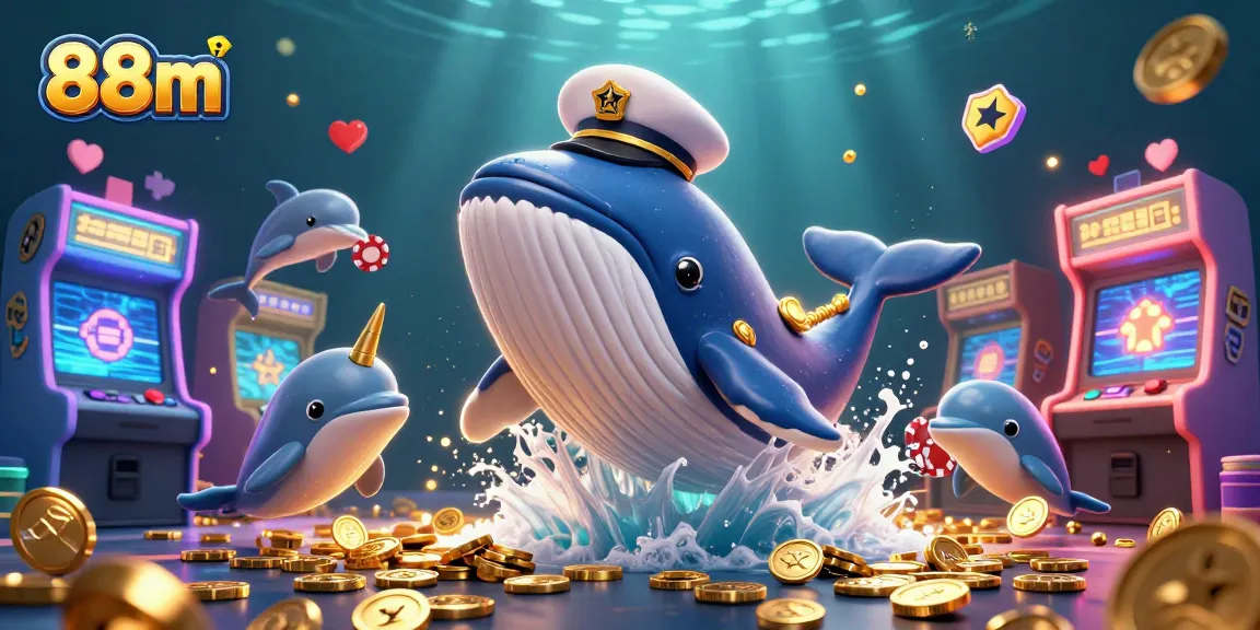 Immerse in the lively 88m scene of playful dolphins and a grand whale amidst sparkling casino treasures.
