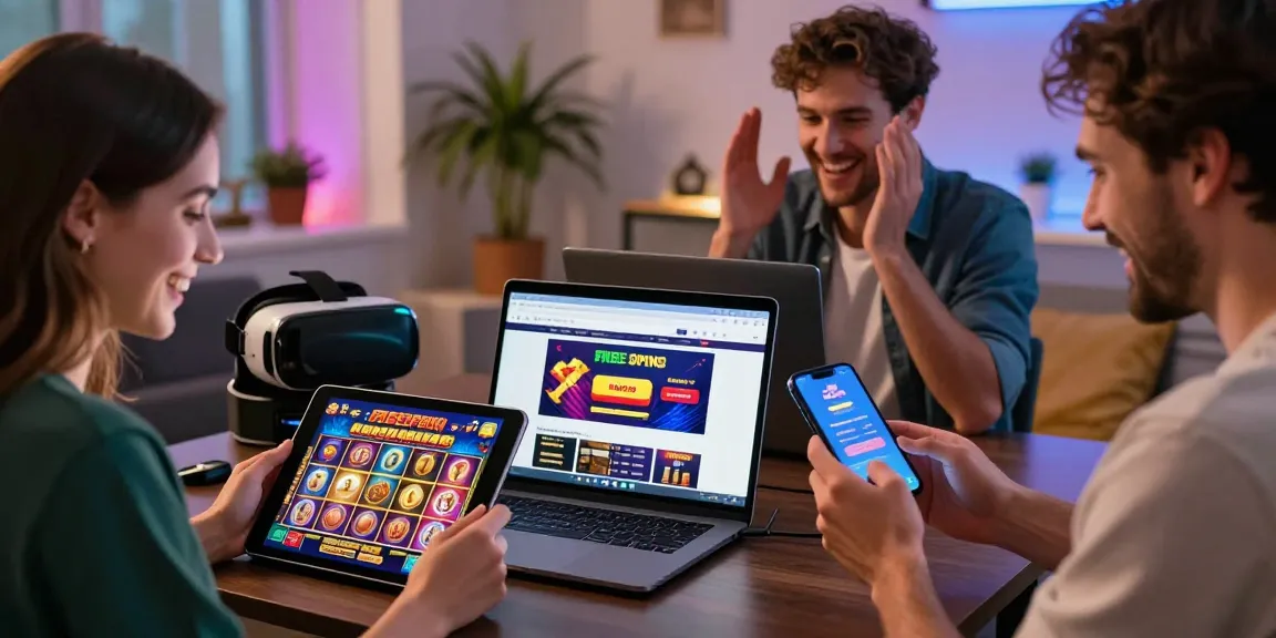 Excited players enjoying free spins on registration UK in a cozy, vibrant online casino setup.