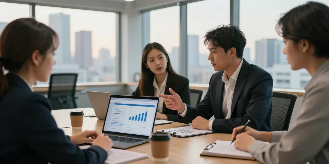 Business professionals analyzing line of credit vs merchant cash advance in a modern office setting.