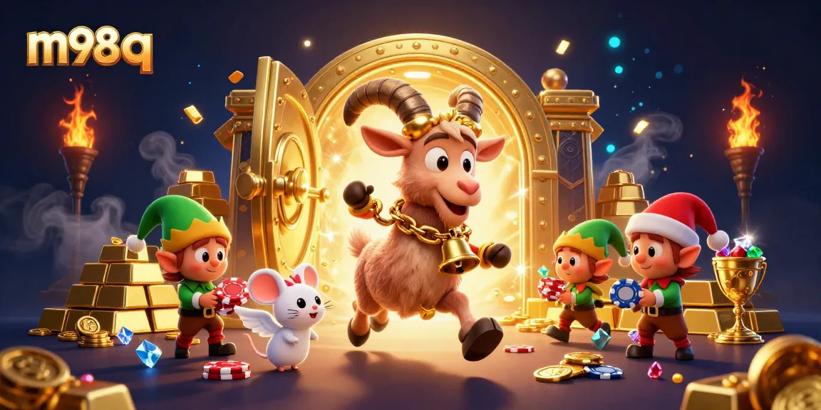 Engage with m98 q through a whimsical illustration of a festive casino scene featuring mischievous characters and vibrant casino elements.