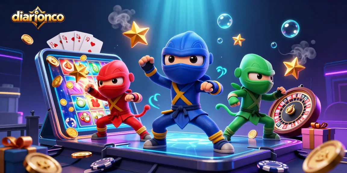 Engage with diarionco's vibrant casino adventures featuring a ninja chameleon team amidst colorful game elements.