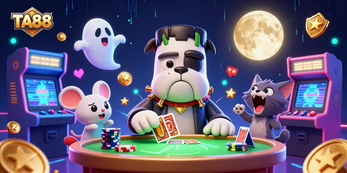 TA88 brings excitement as a Frankenstein bulldog deals cards amidst a lively casino scene.