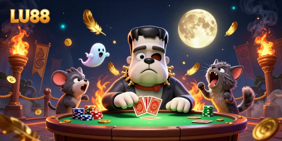 LU88 deals cards at a spooky green-lit table, featuring gaming characters and vibrant casino elements.