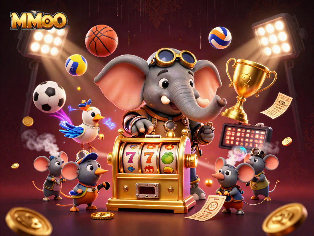 Experience MMOO with a vibrant scene of steampunk elephant and dynamic sports elements in a casino setting.
