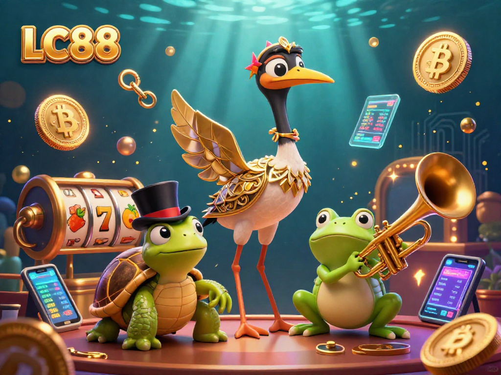 Experience thrilling gambling at LC88 with colorful characters and vibrant slot machines in this engaging illustration.
