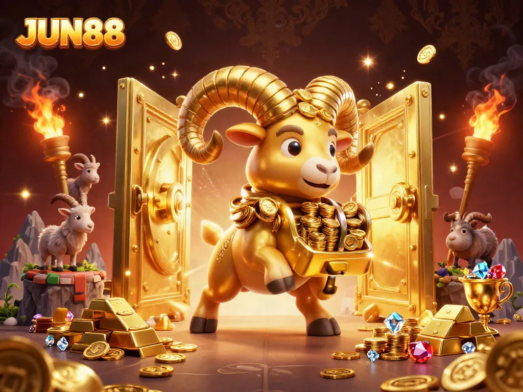 Experience the thrill of JUN88 with this vibrant casino-themed illustration featuring golden treasures and dynamic characters.