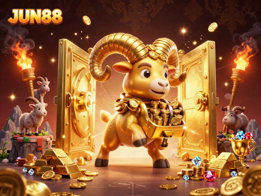 Experience the thrill of JUN88 with this vibrant casino-themed illustration featuring golden treasures and dynamic characters.
