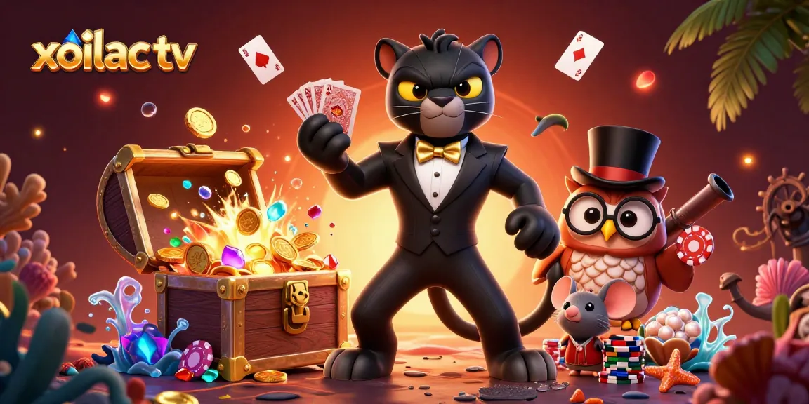 Xoilac TV presents an exciting casino scene with a panther dealer, owl, and mouse in a vibrant gambling atmosphere.