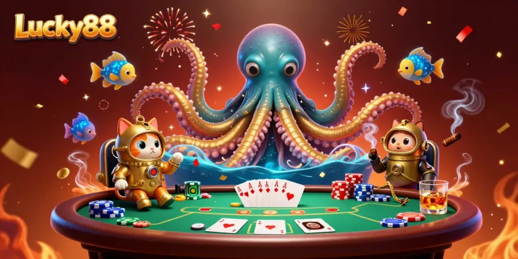 Experience the thrill of Lucky88 through a vibrant 3D illustration of a kraken, diving cat, and poker elements.