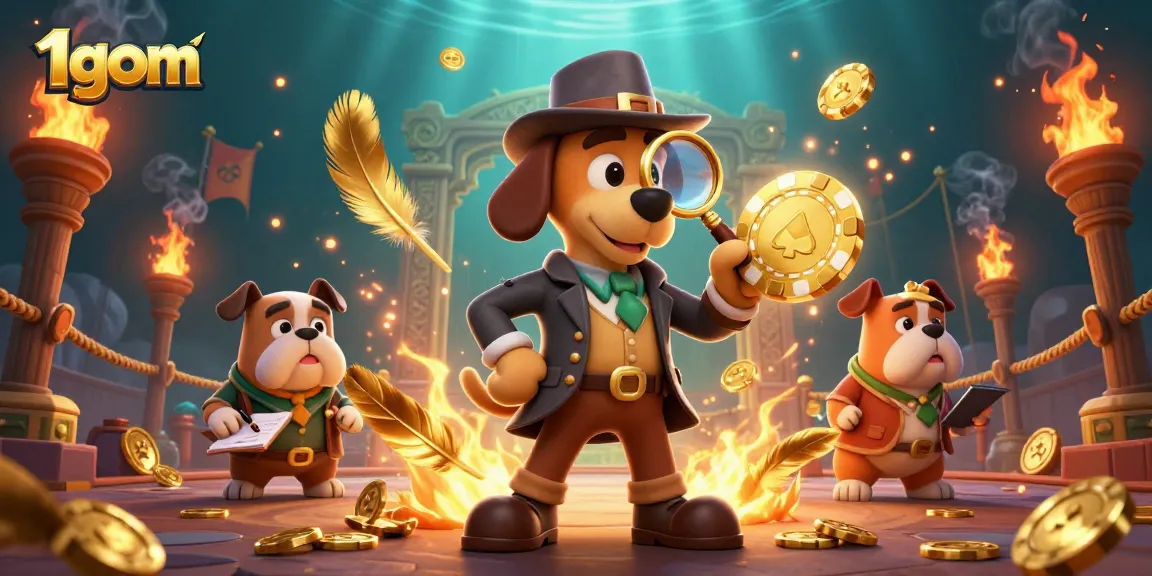 Experience thrilling bets at 1gom with a detective unraveling clues amidst golden treasures in this vibrant casino scene.