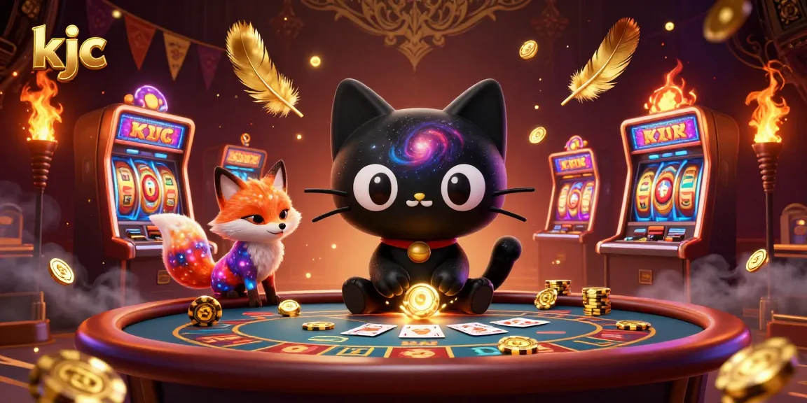 Experience thrilling gameplay at KJC's cosmic casino with captivating characters, golden chips, and vibrant visuals.